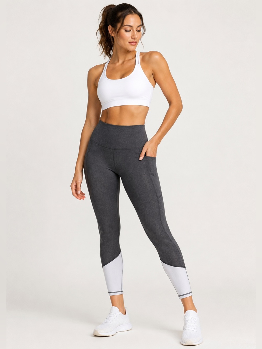 Vie Active USA Gray Colorblock 7/8 Leggings Large High Rise Side Pocket Workout